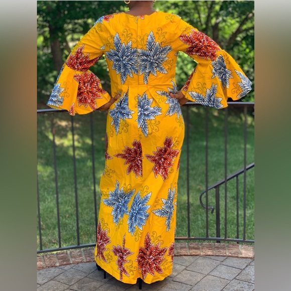 Yellow African Print Ankara Long Sleeve Handmade Maxi Kaftan Dress - Picture 4 of 4